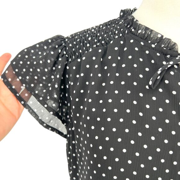 CeCe Black White Polka Dot Blouse Flutter Sleeve Size Medium - Picture 3 of 11